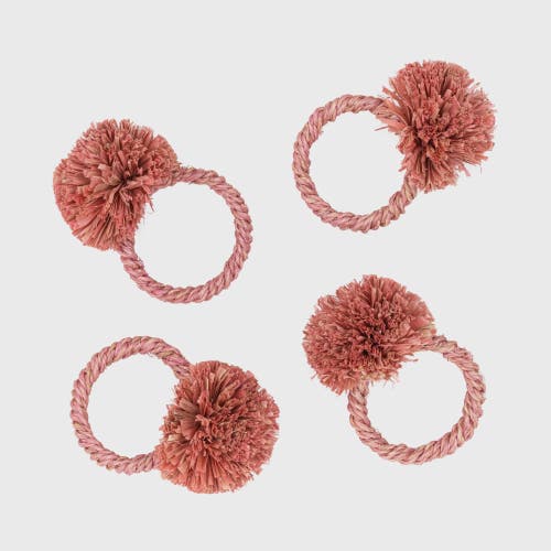 Joanna Buchanan Straw Pompom Napkin Rings, Set Of Four In Pink