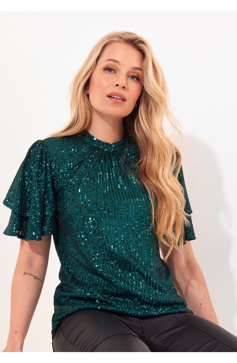 Joe Browns Short Flutter Sleeve Sequin Top, Alternate, color, Emerald Sequin