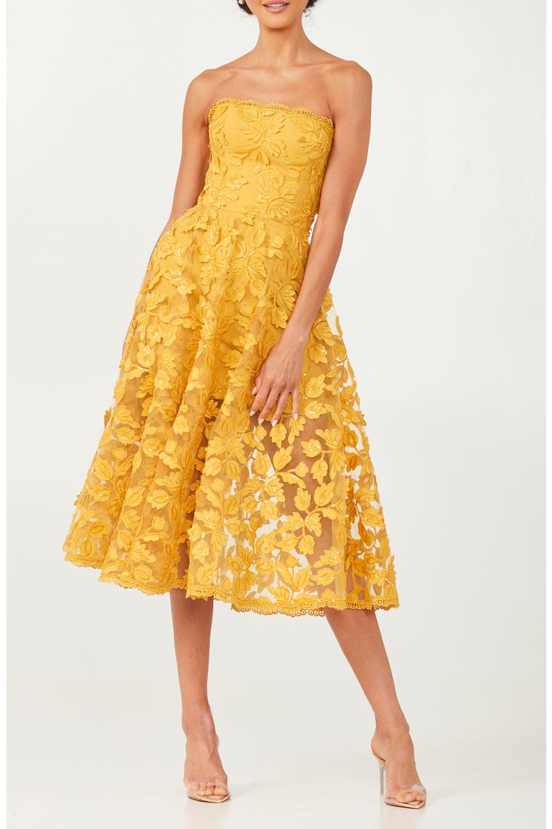 Florence Sequin Floral Strapless Midi Dress, Main, color, MARIGOLD