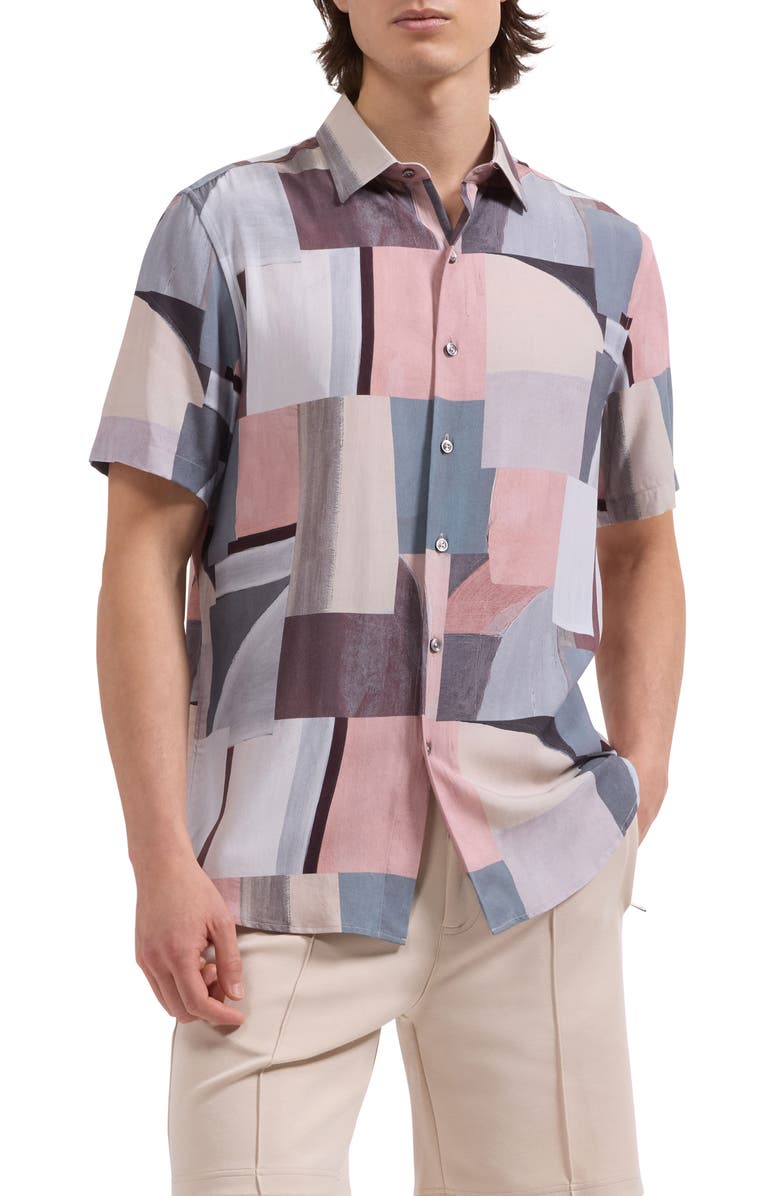 Bugatchi Orson Shaped Fit Short Sleeve Button-Up Shirt, Main, color, Dusty Pink