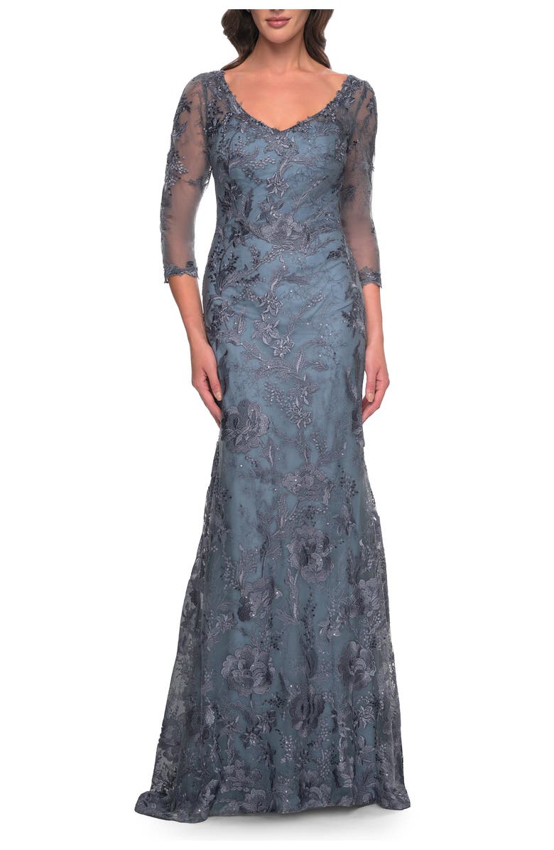 La Femme Long Fitted Lace Dress with V Neckline and Sheer Sleeves, Main, color, Smoky Blue