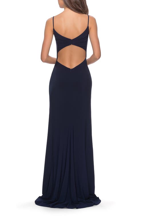 La Femme Long Jersey Dress With V-neck And Open Back In Navy