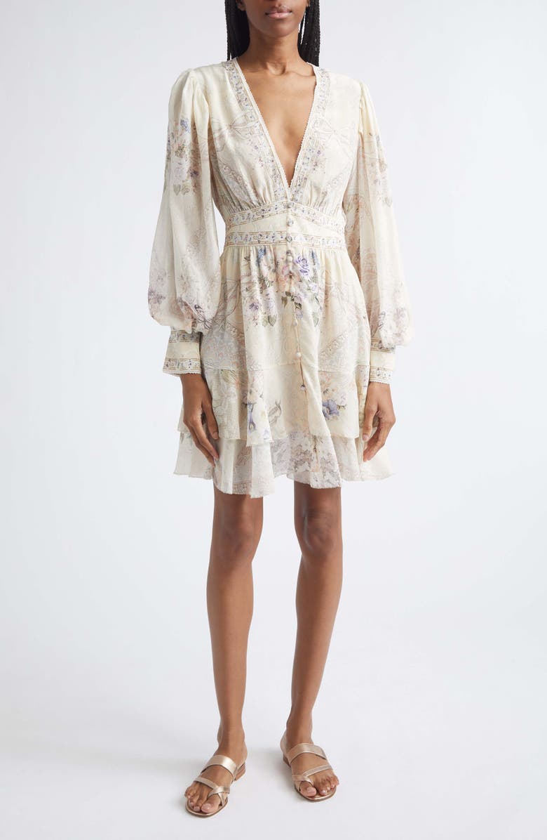 Camilla Print Long Sleeve Button Front Silk Frill Dress, Main, color, Laced With Love