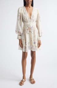 Camilla Print Long Sleeve Button Front Silk Frill Dress