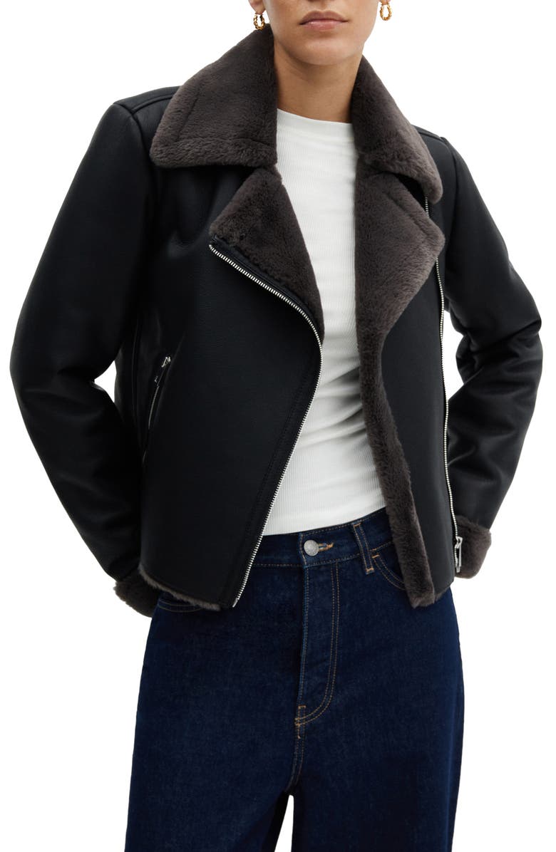 MANGO Faux Leather & Faux Fur Moto Jacket, Main, color, 