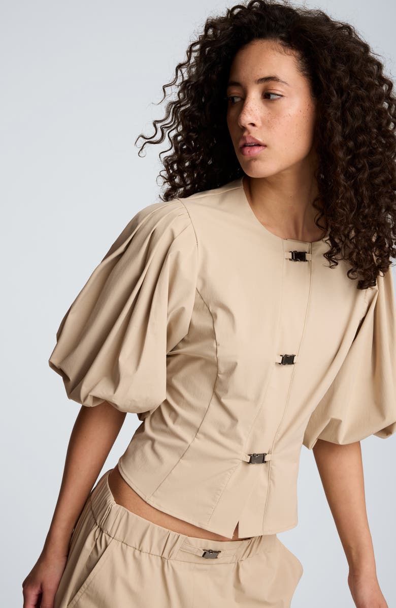 Kenneth Cole Buckle Front Bubble Sleeve Top, Alternate, color, Timeless Taupe