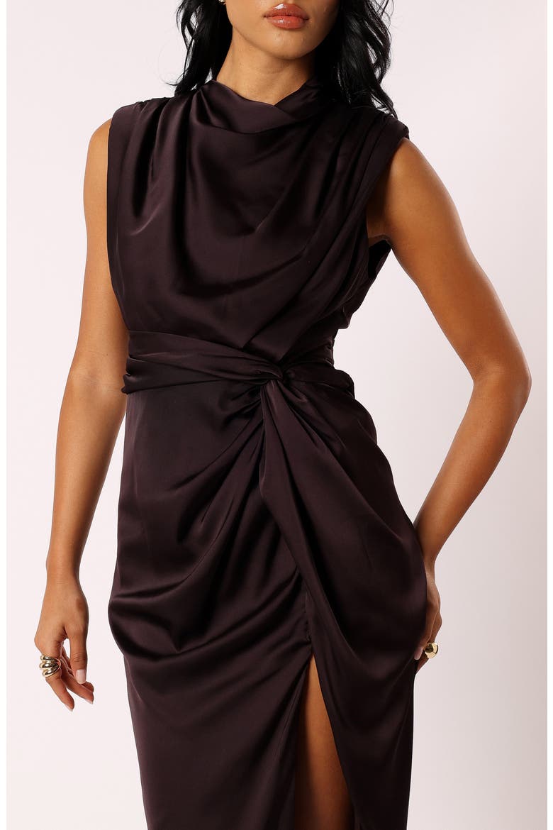 Dina Sleeveless Satin Midi Dress, Alternate, color, BLACK COFFEE