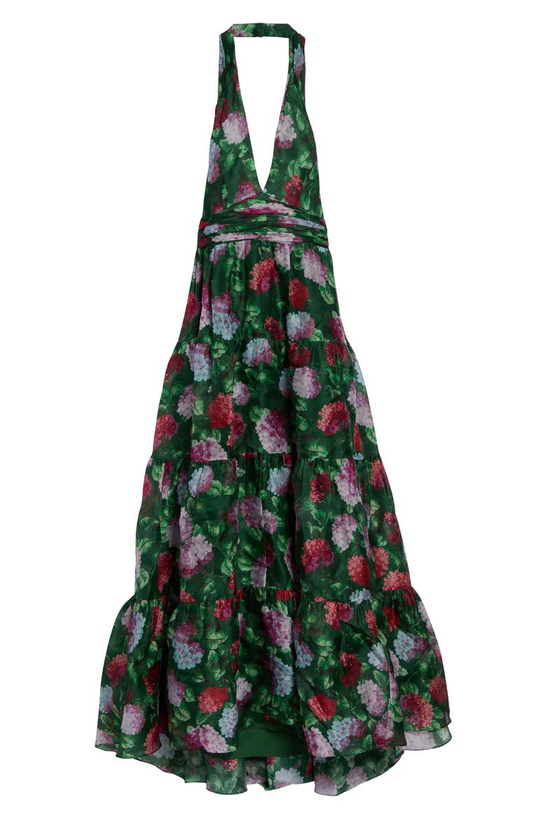 Hydrangea Tiered Silk Halter Neck Gown, Main, color, RACING GREEN MULTI