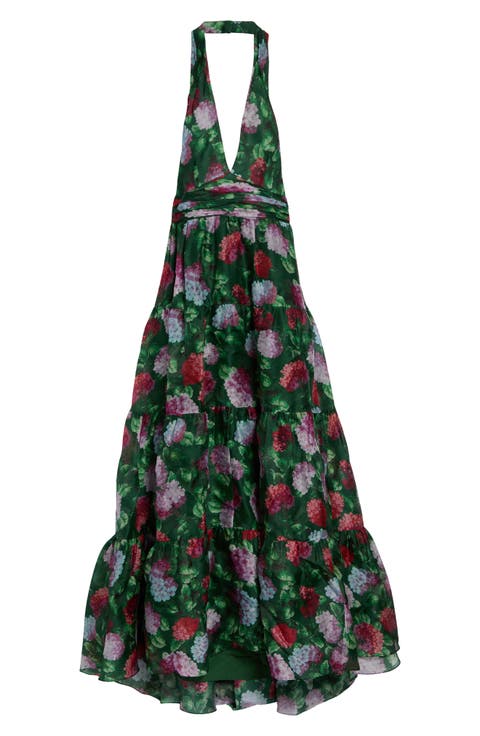 Hydrangea Tiered Silk Halter Neck Gown