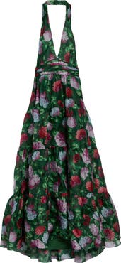 Carolina Herrera Hydrangea Tiered Silk Halter Neck Gown