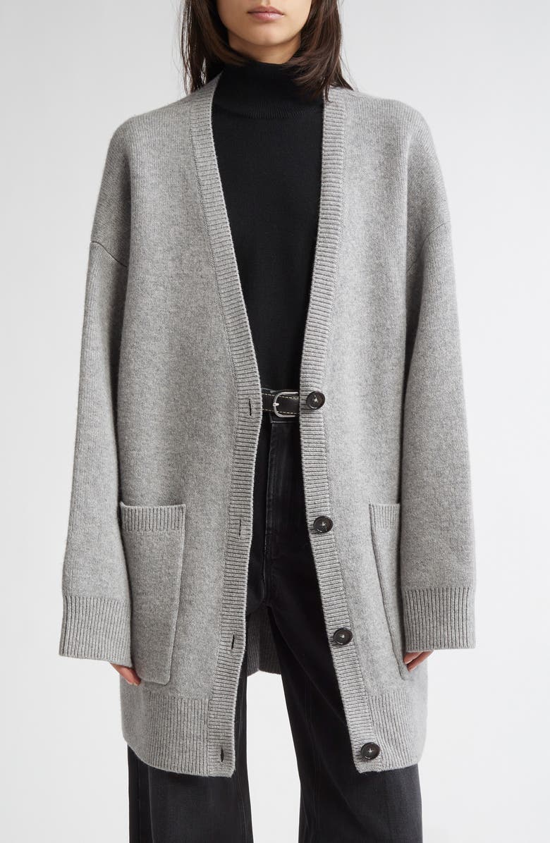 TOTEME Longline Stretch Cashmere & Wool Cardigan, Main, color, Pale Grey Mlange