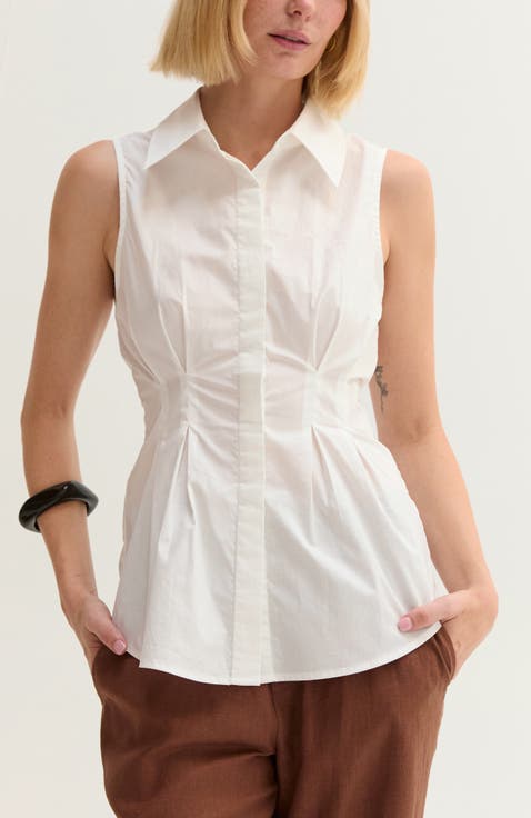 Pleated Sleeveless Poplin Top