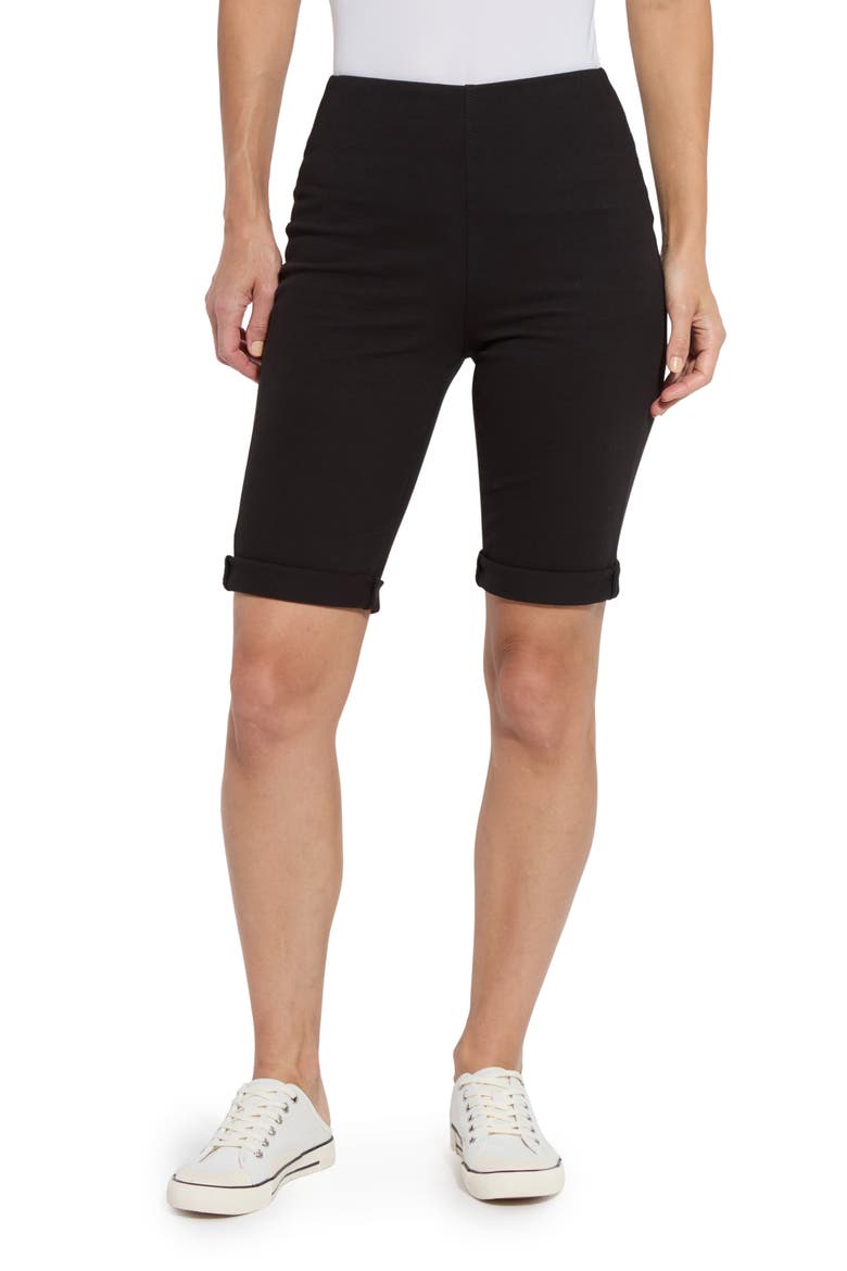 'Lyssentials Stretch Denim Boyfriend Shorts, Main, color, BLACK