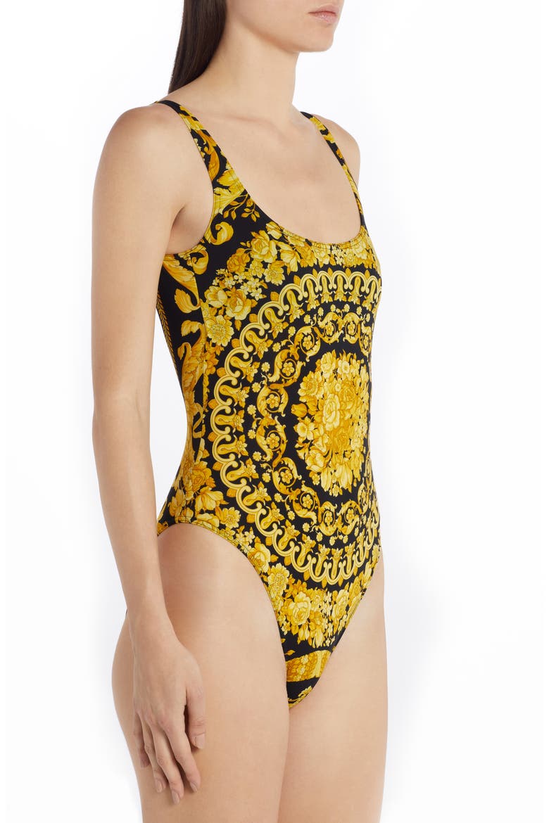 Barocco Print One-Piece Swimsuit, Alternate, color, BLACK/ GOLD