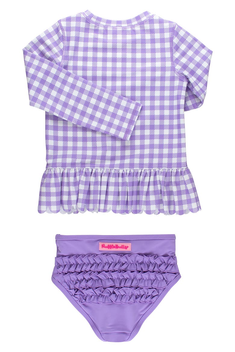 Kids' Wisteria Gingham Long Sleeve Peplum UPF 50+ Two-Piece Rashguard Swimsuit, Alternate, color, PURPLE