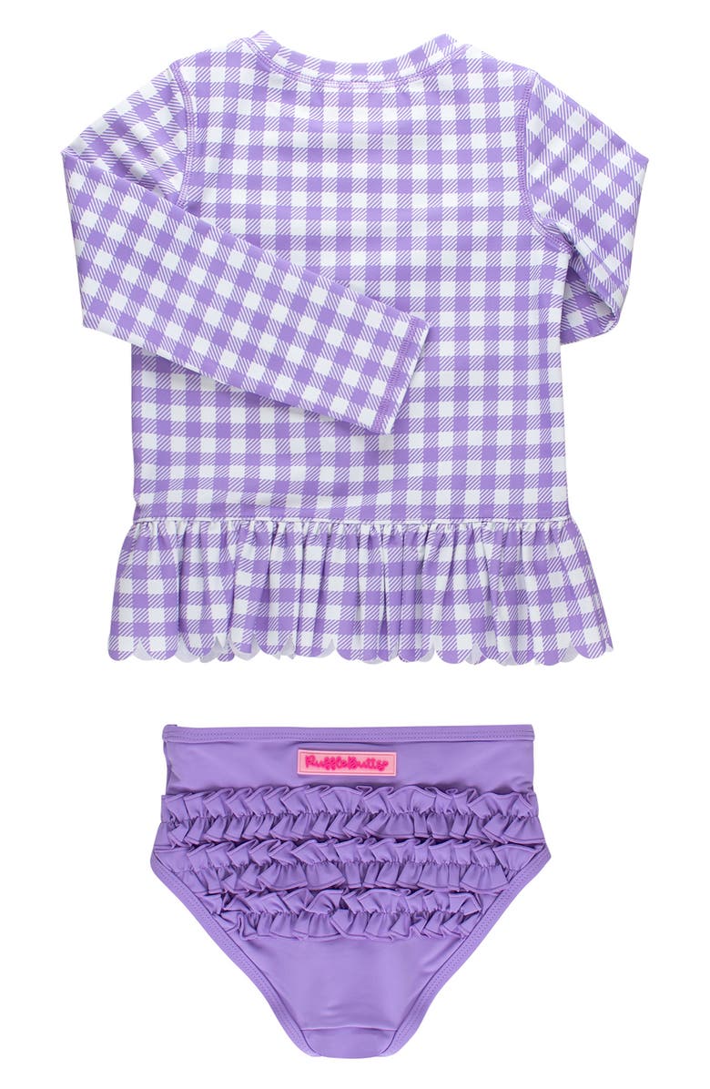 RuffleButts Kids' Wisteria Gingham Long Sleeve Peplum UPF 50+ Two-Piece Rashguard Swimsuit, Alternate, color, Purple