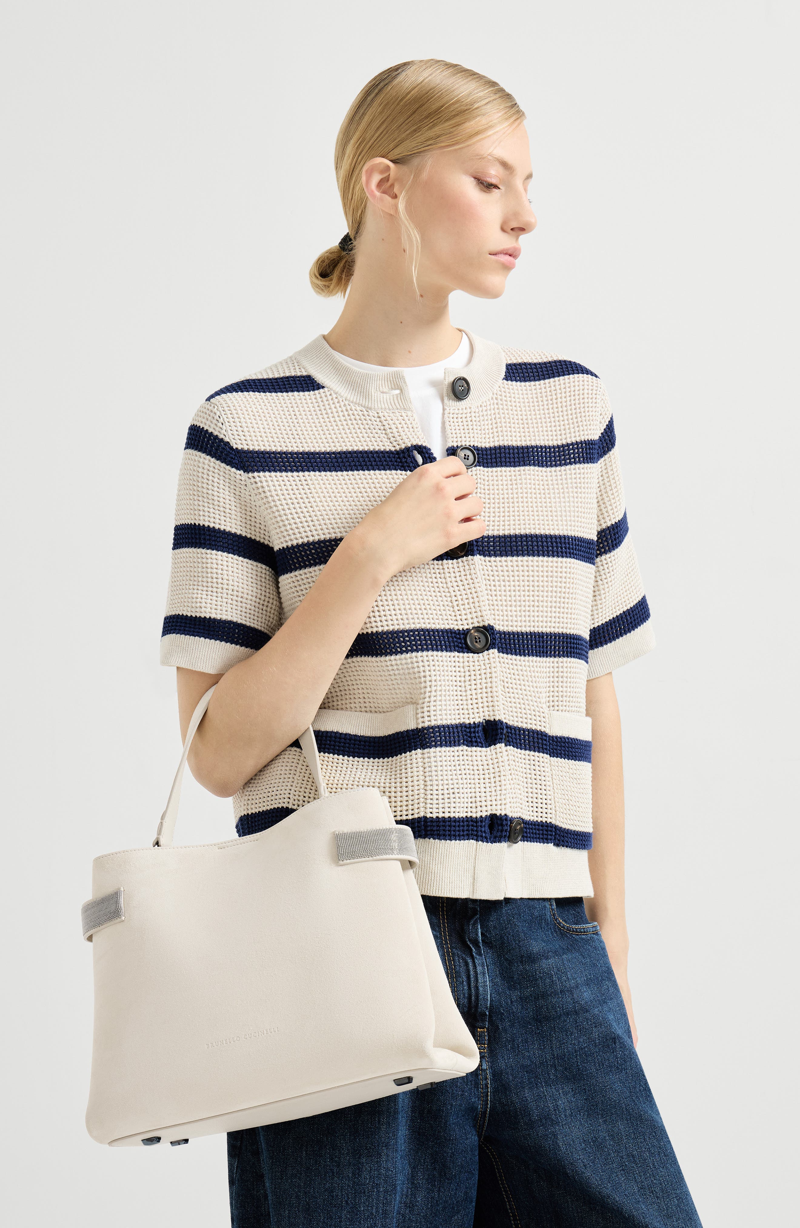 Brunello Cucinelli Suede Top-Handle Essence bag, Alternate, color, Ivory