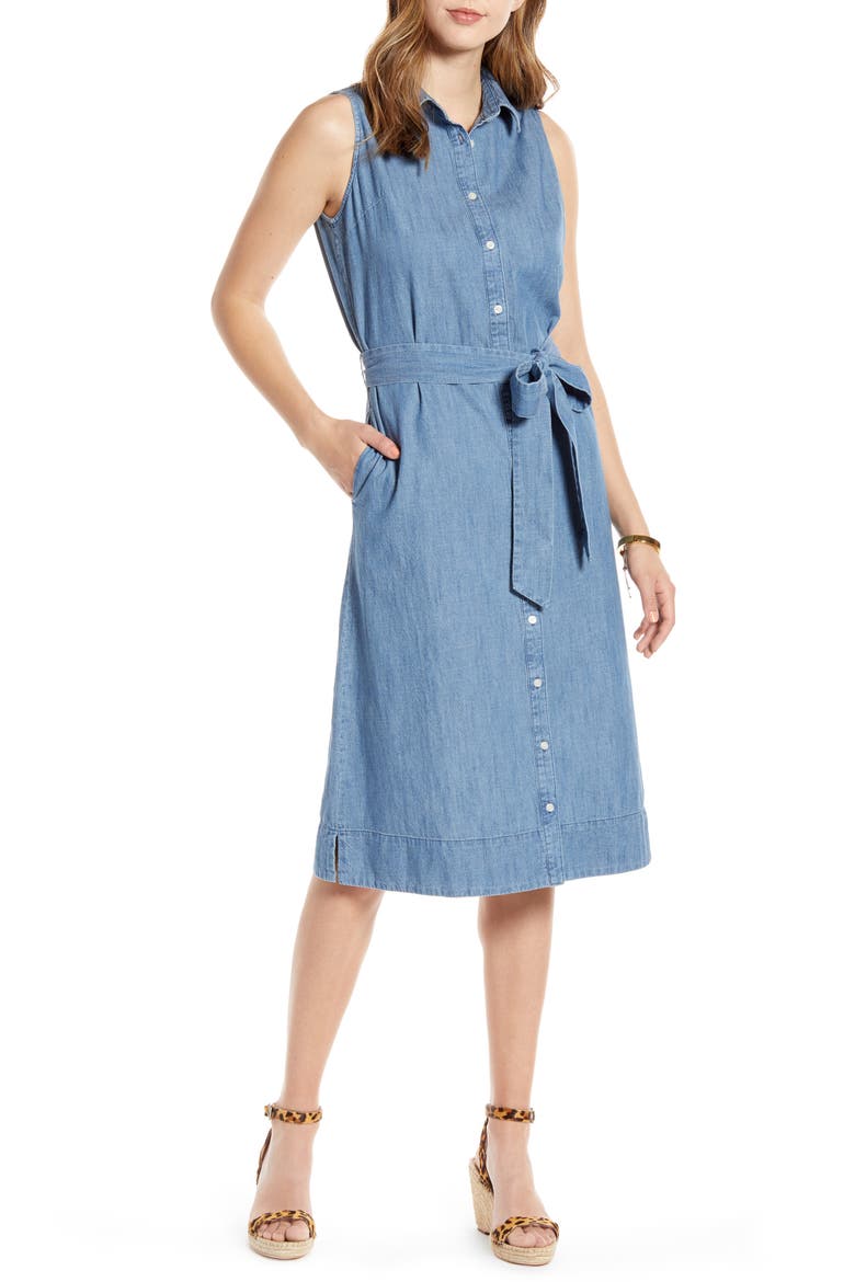 Sleeveless Cotton Chambray Shirtdress, Main, color, CHAMBRAY
