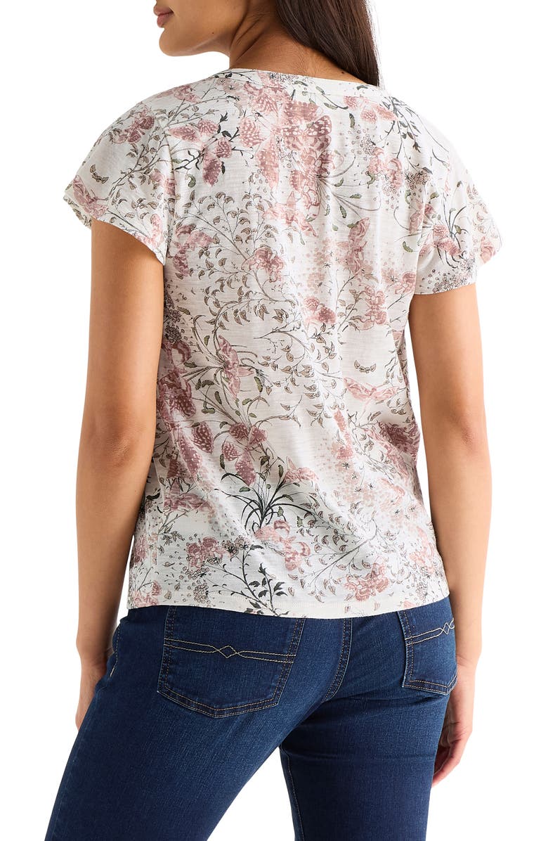 Lucky Brand Floral Split Neck Cotton Blend T-Shirt, Alternate, color, Cream Multi