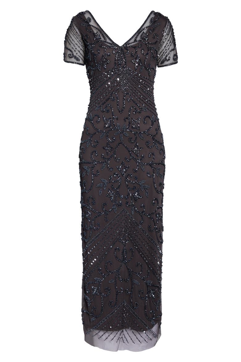 Beaded Mesh Column Gown, Alternate, color, SLATE