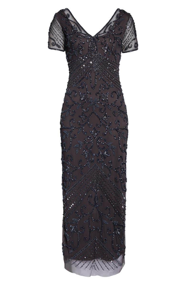 Pisarro Nights Beaded Mesh Column Gown, Alternate, color, Slate