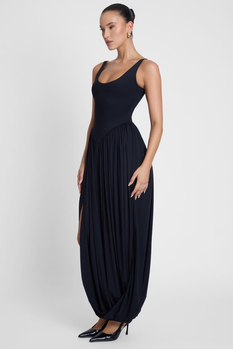 Dionysus Sculpt Drape Midi Dress, Alternate, color, Black