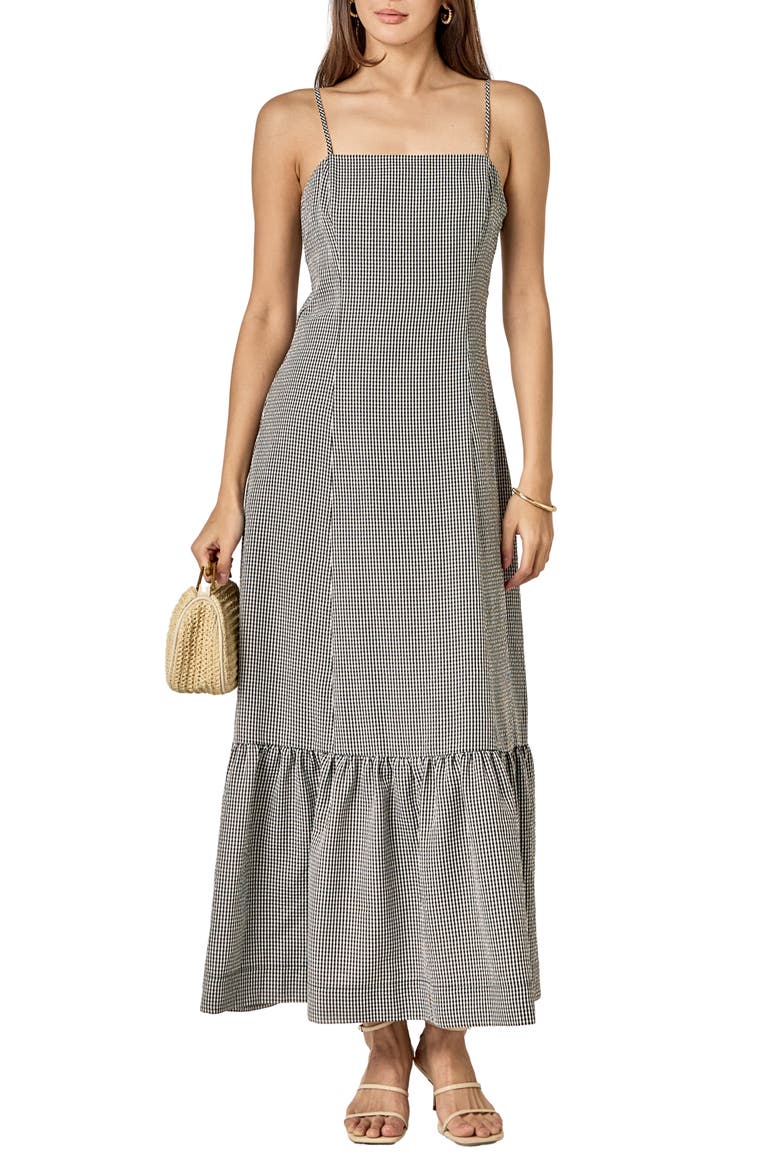 Gingham Ruffle Hem Maxi Dress, Main, color, BLACK WHITE