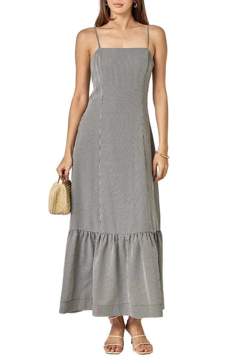 English Factory Gingham Ruffle Hem Maxi Dress, Main, color, Black White
