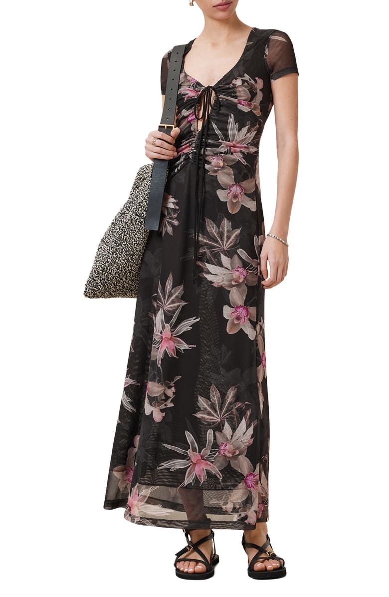 AllSaints Gabby Floral Print Mesh Maxi Dress, Alternate, color, Adena Black