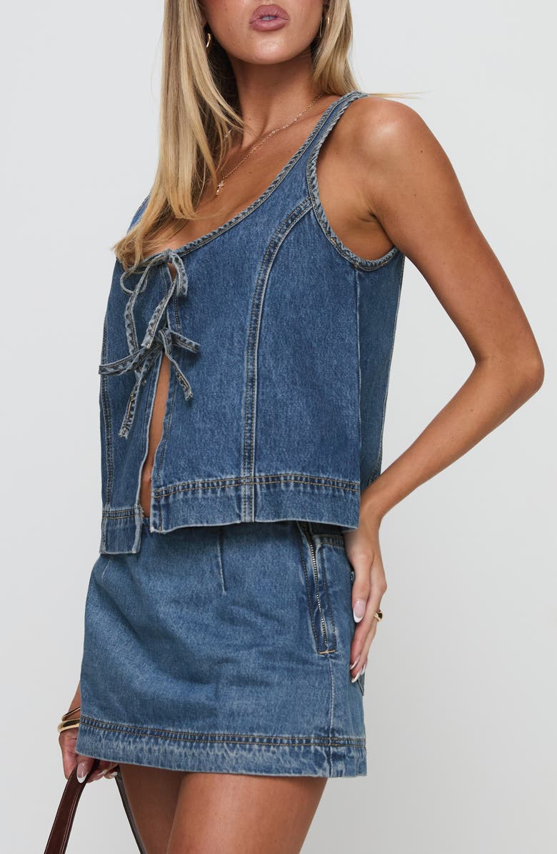 Princess Polly Stefenie Tie Front Organic Cotton Blend Denim Top, Alternate, color, Mid Wash