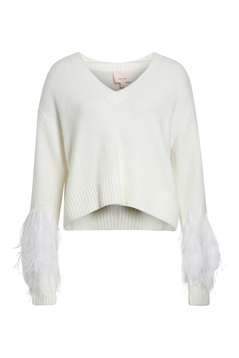 Brianne Ostrich Feather Cuff V-Neck Sweater, Alternate, color, IVORY