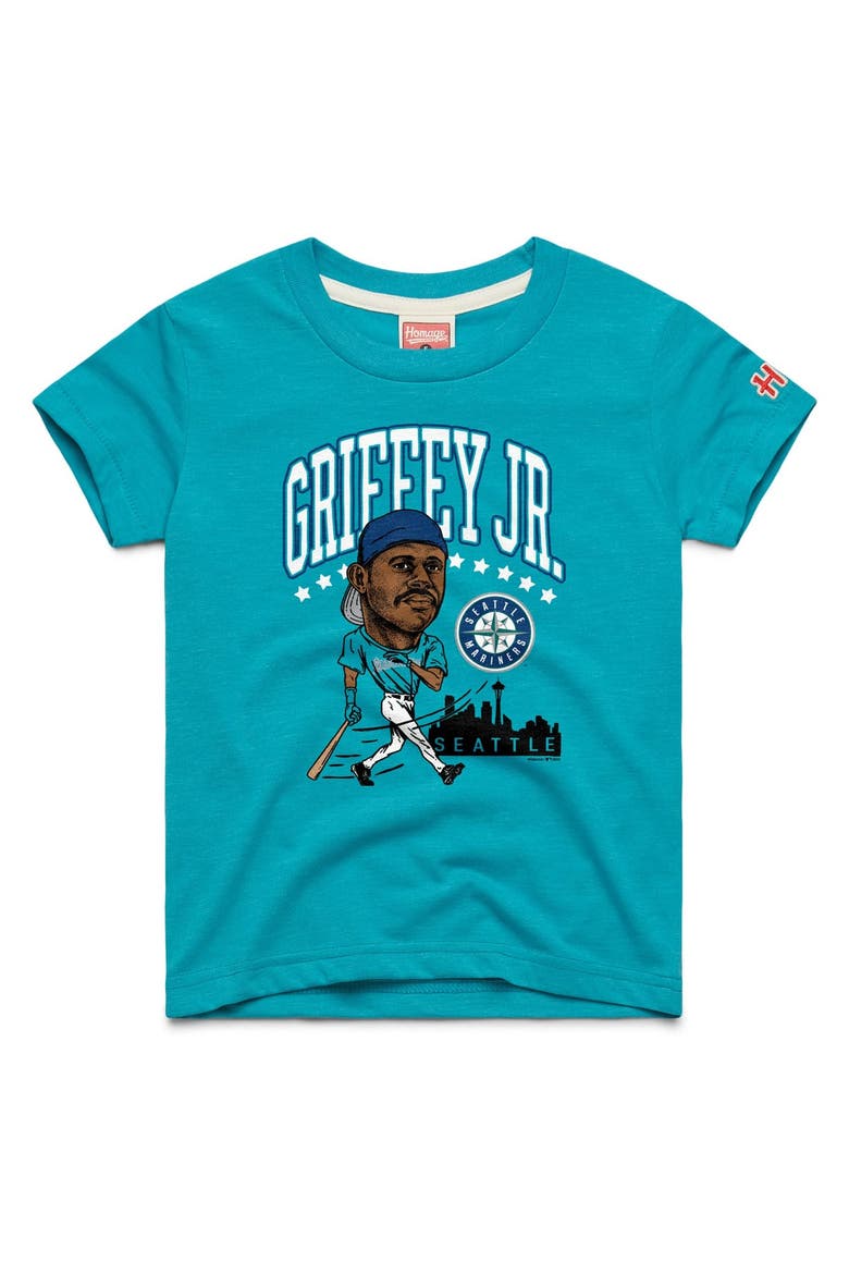 Youth Homage Ken Griffey Jr. Teal Seattle Mariners Cooperstown Collection Caricature Tri-Blend T-Shirt, Main, color, Teal