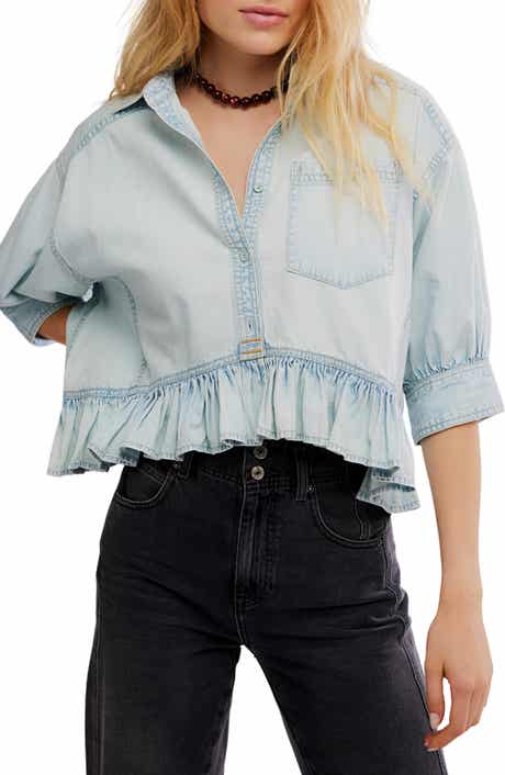 Free People Bailey Denim Crop Peplum Top