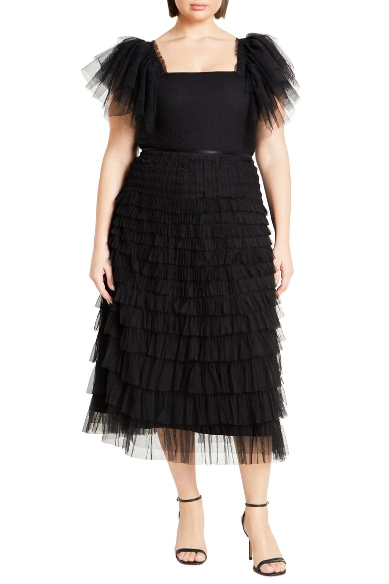 Azariah Shirred Tulle Sleeve Bodysuit, Alternate, color, BLACK