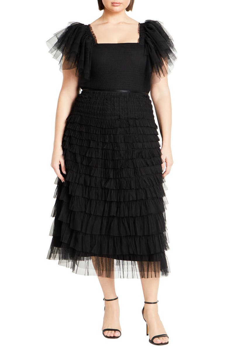 City Chic Azariah Shirred Tulle Sleeve Bodysuit, Alternate, color, 