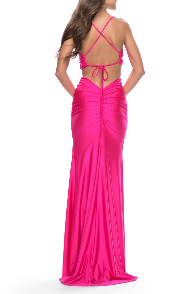 Neon Prom Dress with Side Cutouts and Open Tie Back, Alternate, color, Neon Pink