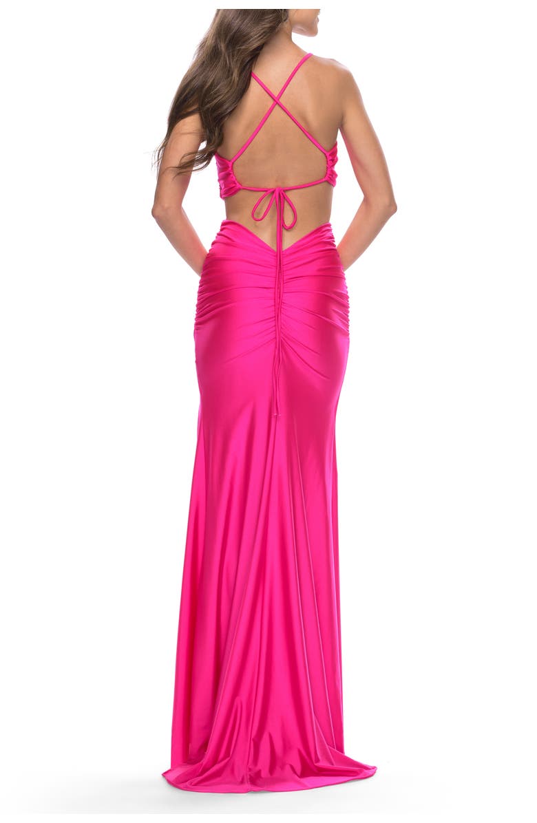 La Femme Neon Prom Dress with Side Cutouts and Open Tie Back, Alternate, color, Neon Pink