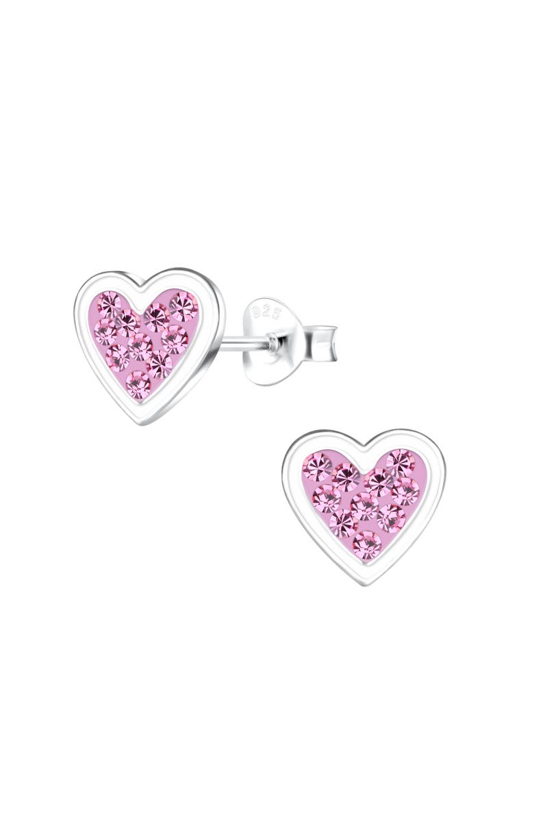 Mia Belle Girls Sterling Silver Sparkling Pink Heart Stud Earrings, Main, color, Metallic Silver