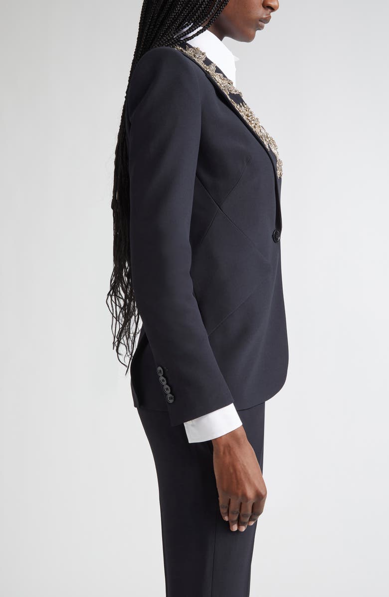 McQueen Banshee Embroidery Leaf Crepe Blazer, Alternate, color, Black