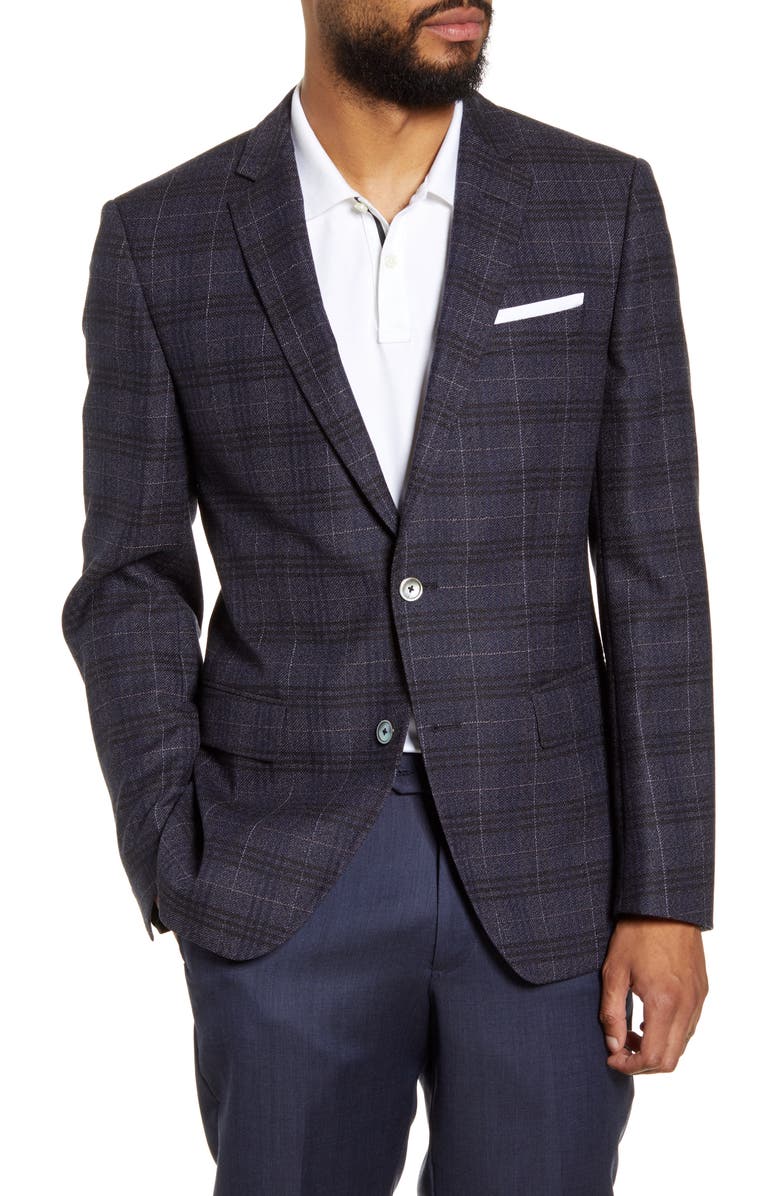 BOSS Hutsons Trim Fit Plaid Wool Sport Coat, Main, color,