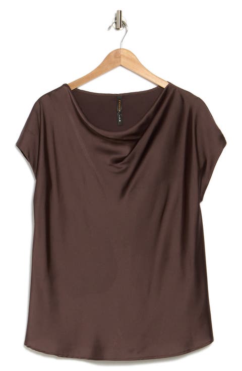Cowl Neck Cap Sleeve Satin Top