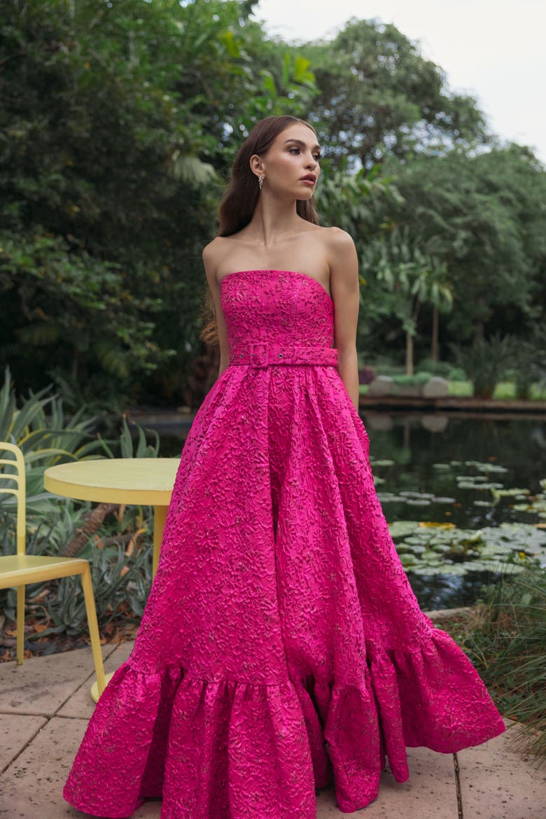 Strapless Floral Brocade Ruffle Hem Gown With Belt, Alternate, color, Hot Pink