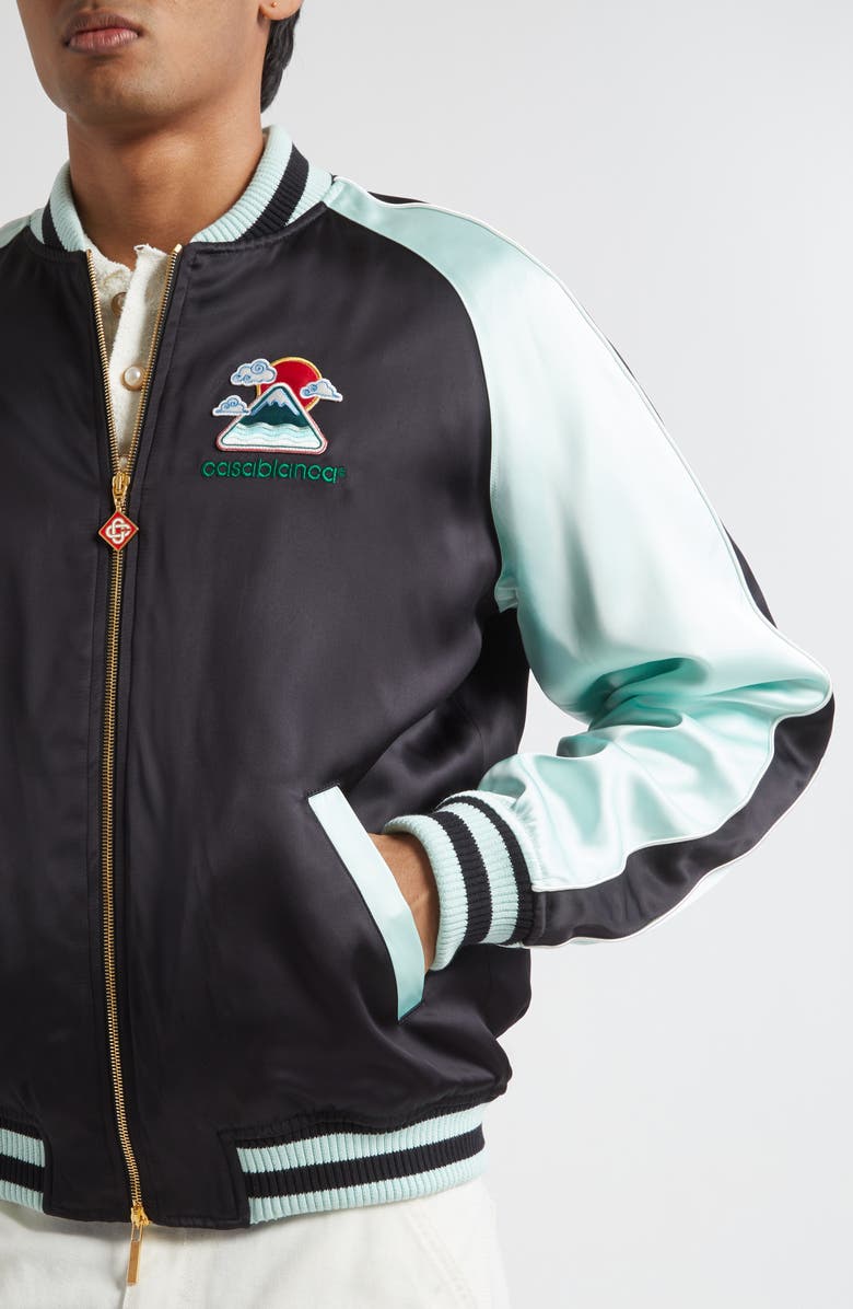 Casablanca Embroidered Satin Bomber Jacket, Alternate, color, Black