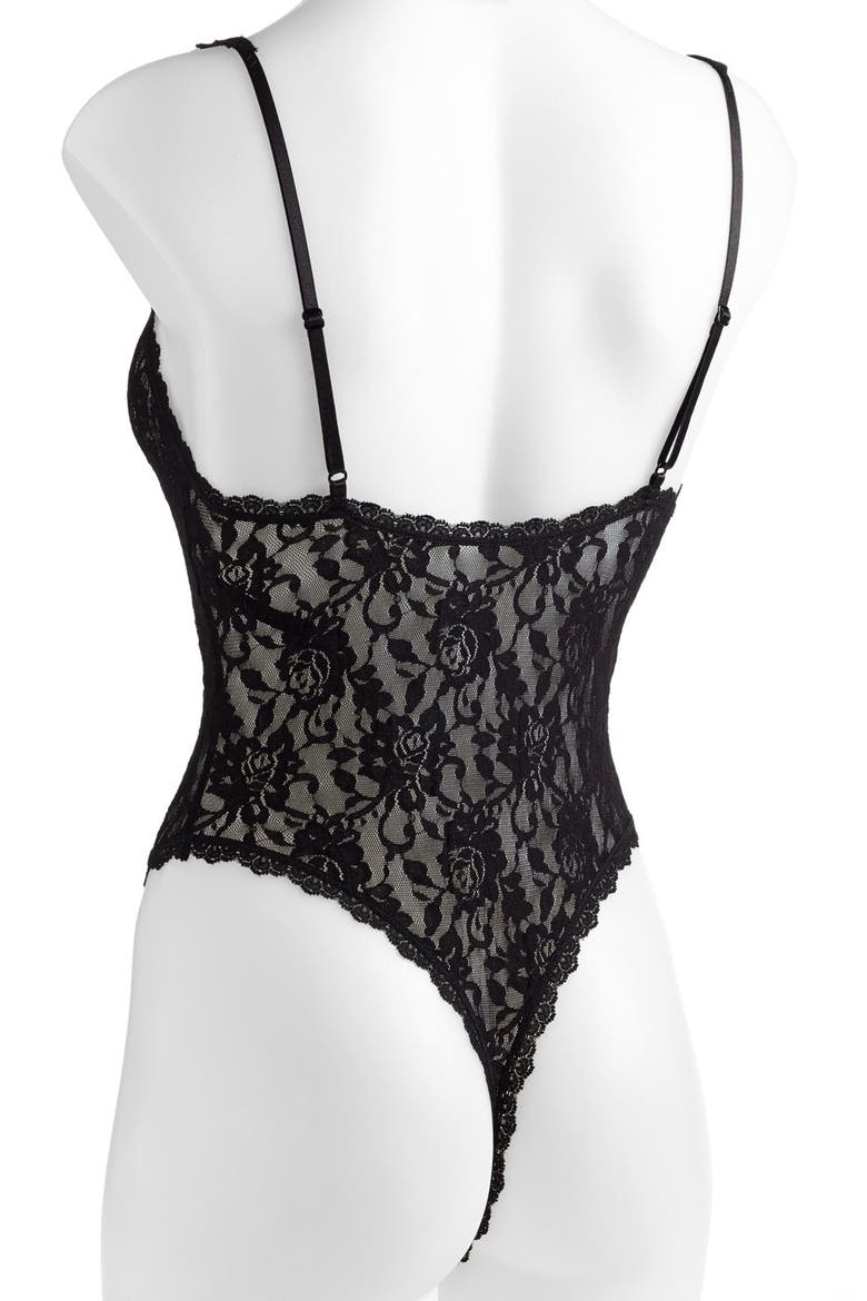 Signature Lace Open Gusset Thong Teddy, Alternate, color, BLACK