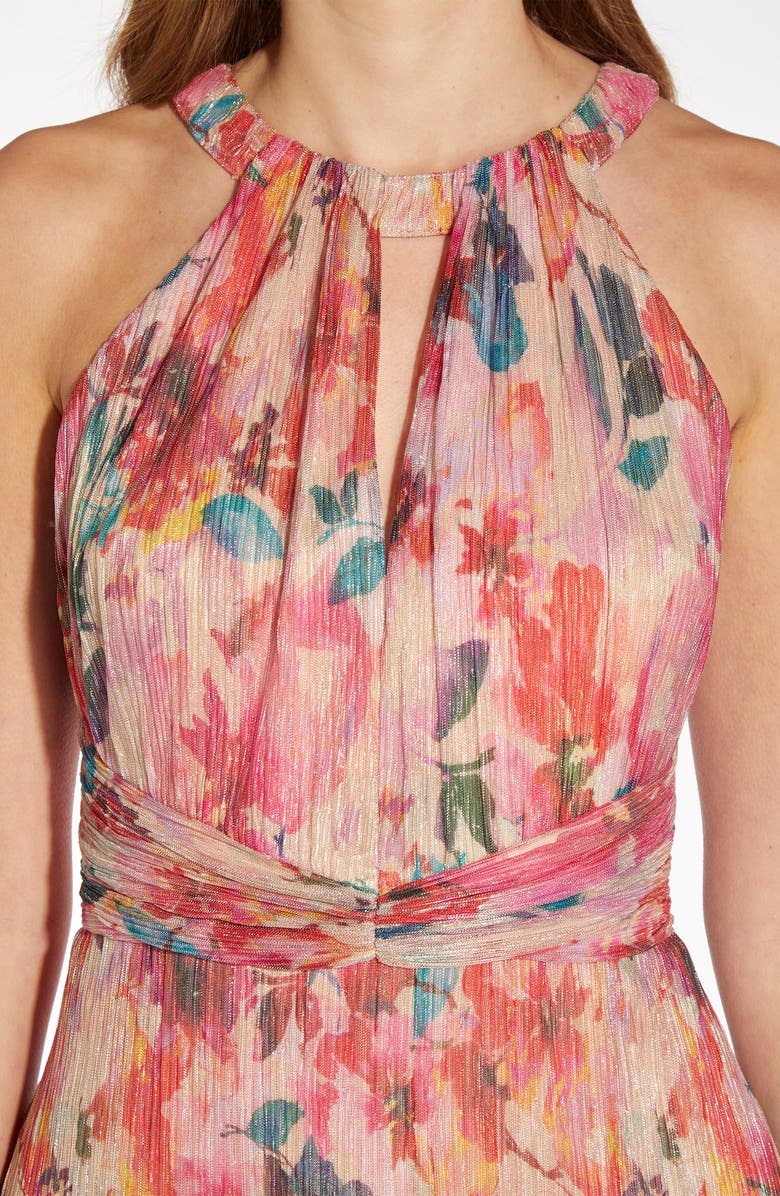 Adrianna Papell Floral Metallic Pleated Halter Gown, Alternate, color,