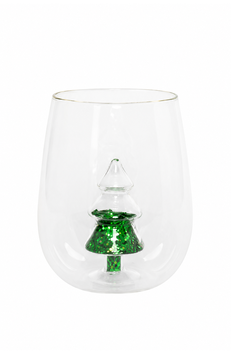 Jeanne Fitz Glitter Christmas Tree Stemless Wine Glass, Set of 4, Main, color, Green