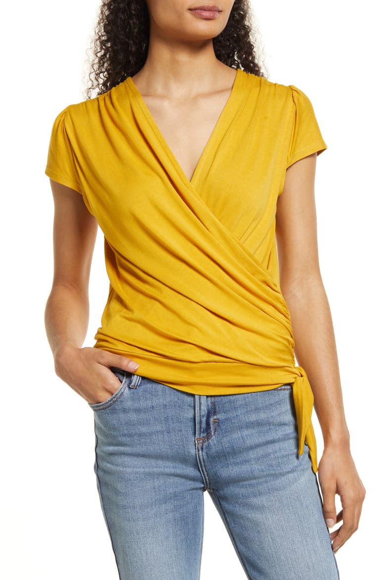 Faux Wrap Top, Main, color, SUNFLOWER