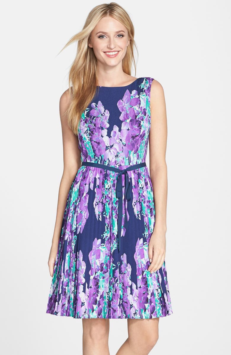 Adrianna Papell Floral Print Pleat Fit & Flare Dress, Main, color,