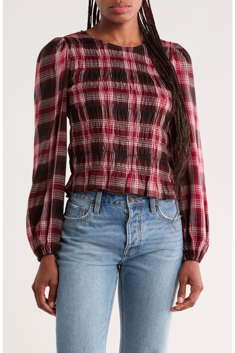 Smocked Long Sleeve Top, Main, color, MOSAIC BROWN PLAID