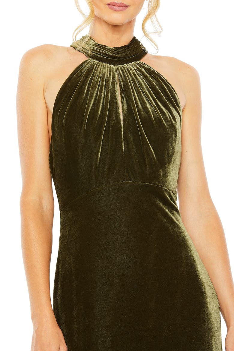 Velvet Halter Column Gown, Alternate, color, Olive